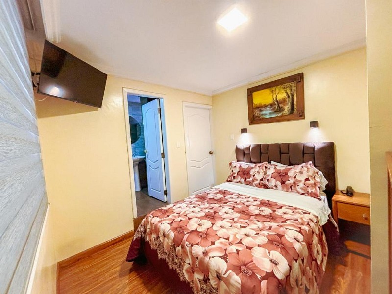 Habitación individual con cabecero tapizado, cuadro y baño privado al fondo