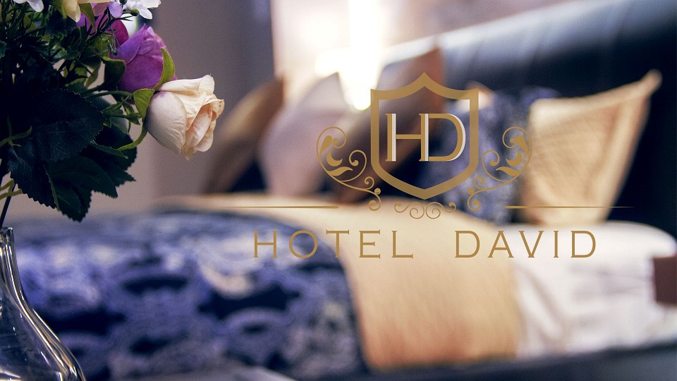 Logo del Hotel David sobre una cama con cojines y un ramo de flores